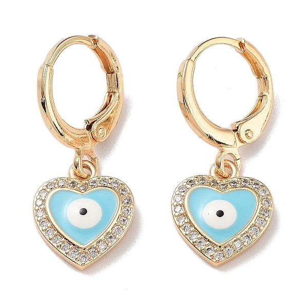 

PandaHall Real 18K Gold Plated Brass Dangle Leverback Earrings, with Enamel and Cubic Zirconia, Heart with Evil Eye, Sky Blue, 25x10.5mm...
