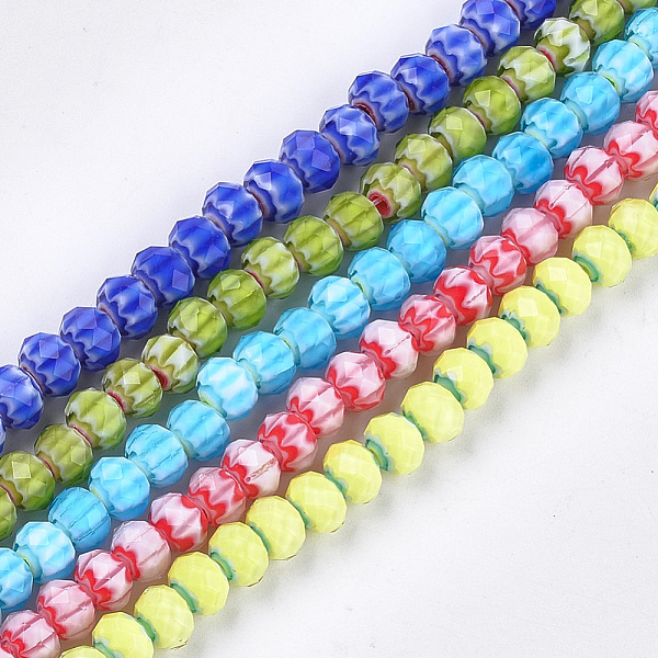 

PandaHall Glass Beads Strands, Faceted, Rondelle with Flower, Mixed Color, 7.5~8x5.5mm, Hole: 1~1.5mm, about 74pcs/strand, 16.1 inch Glass..., Multicolor
