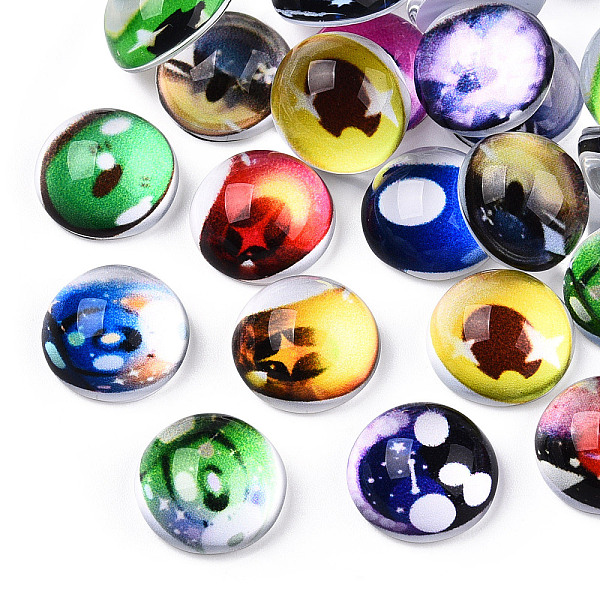 

PandaHall Flatback Glass Cabochons, Half Round/Dome with Doll Eye Pattern, Mixed Color, 12x6mm Glass Half Round Multicolor