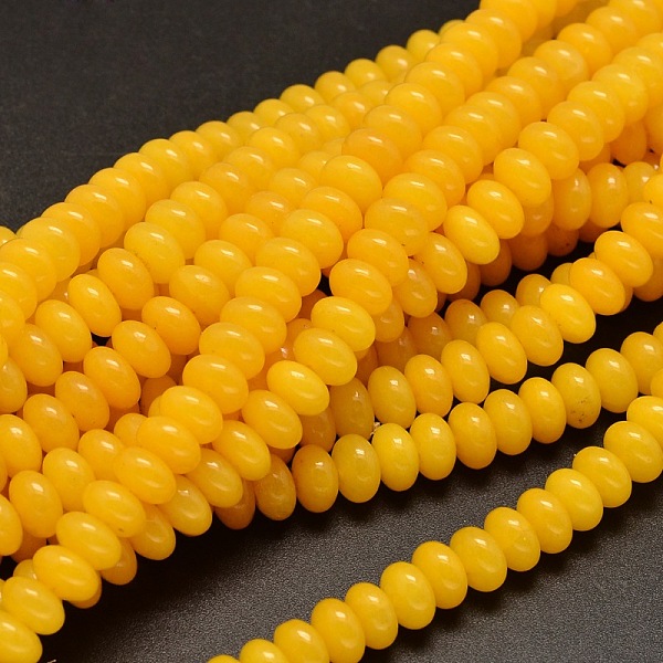 

PandaHall Dyed Natural Malaysia Jade Rondelle Bead Strands, Imitated Yellow Jade, Gold, 8x5mm, Hole: 1mm, about 75pcs/strand, 15 inch...