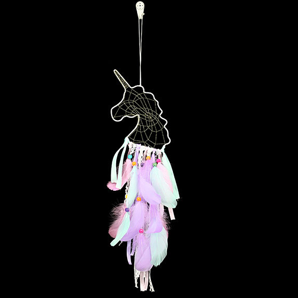 PandaHall Feather Unicron Pendant Decorations, with Iron Findings, Wind Chime for Home Decoration, Colorful, 650x200mm Feather Unicorn