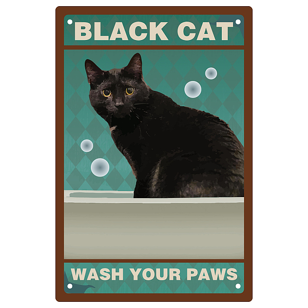 PandaHall CREATCABIN Funny Black Cat Wash Your Paws Metal Tin Sign Bathroom Quote Vintage Sign Retro Poster Wall Art Decor Lover Gift for...