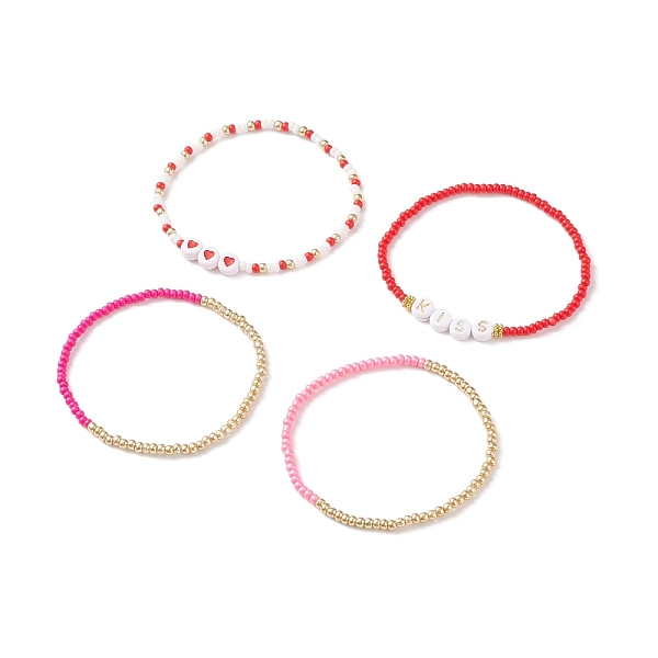

PandaHall 4Pcs 4 Style Heart & Word Kiss Plastic Beaded Stretch Bracelets Set, Glass Seed Bracelets for Women, Red, Inner Diameter: 2-1/4...