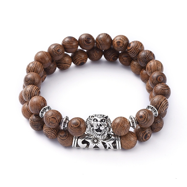 

PandaHall Stretch Bracelets Sets, with Natural Wood Beads and Tibetan Style Alloy Beads, Lion Head & Tube, Coconut Brown, Inner Diameter: 2...