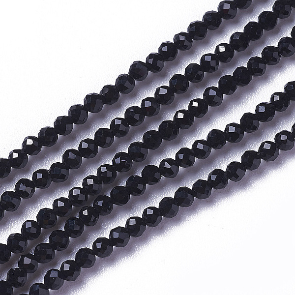 

PandaHall Glass Beads Strands, Faceted, Round, Black, 3~3.5x2.5~3mm, Hole: 0.3mm, about 114~125pcs/strand, 14 inch(35.5cm) Glass Round Black