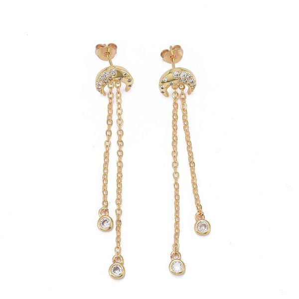 

PandaHall Brass Micro Pave Clear Cubic Zirconia Dangle Stud Earrings, with Cable Chains, Long-Lasting Plated, Moon, Real 18K Gold Plated...