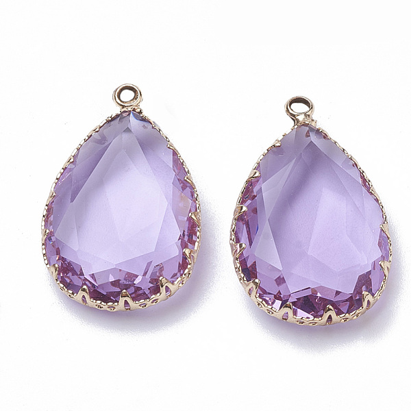 

PandaHall K9 Glass Pendants, with Golden Tone Brass Findings, Faceted, Drop, Lilac, 29~30x19x6~8.5mm, Hole: 2mm K9 Glass Teardrop Purple