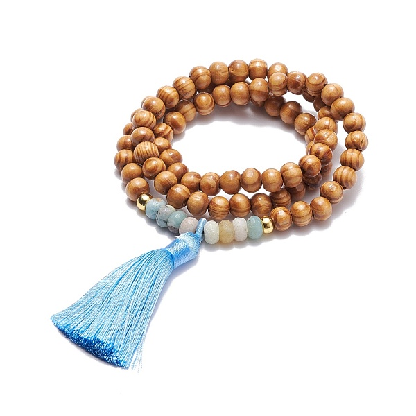 

PandaHall Natural Flower Amazonite & Wood Round Beaded Wrap Bracelet, Three Loops Bracelet with Polyester Tassel Big Pendant for Women, Peru..., Brown