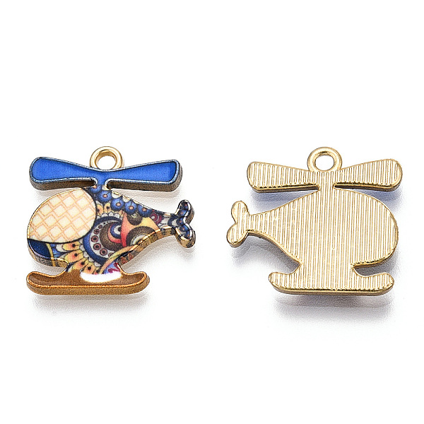 PandaHall Printed Alloy Pendants, Cadmium Free & Nickel Free & Lead Free, Light Gold, Helicopter Charm, Dodger Blue, 17.5x18.5x2mm, Hole...