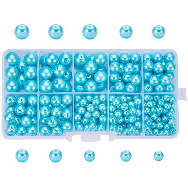 

PandaHall 340 pcs Environmental Dyed Glass Pearl Round Pearlized Beads, SkyBlue,5,6,8,10mm Various Size, Hole: 1.2~1.5mm Glass Round Blue