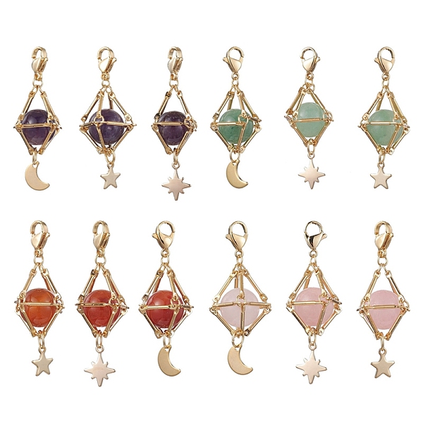 

PandaHall Natural Gemstone Brass Pendant Decorations, Diamond with Star & Moon, 48~52mm, 3pcs/set Mixed Stone Diamond