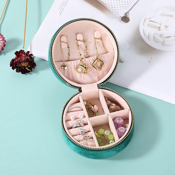 

PandaHall Rpund Velvet Jewelry Storage Zipper Boxes, Portable Travel Jewelry Organizer Case for Rings, Earrings, Necklaces, Bracelets..., Green