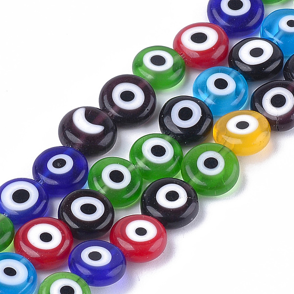 

PandaHall Handmade Evil Eye Lampwork Beads Strands, Flat Round, Mixed Color, 9.5x3.5mm, Hole: 1.2mm, about 38pcs/strand, 14.1 inch~14.5 inch..., Multicolor