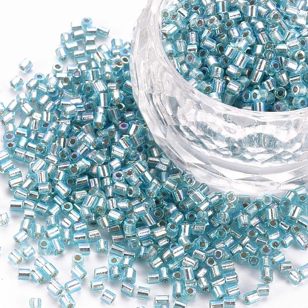 

PandaHall Glass Bugle Beads, Silver Lined Colours Rainbow, Sky Blue, 2.5~3x2mm, Hole: 0.9mm, about 15000pcs/pound Glass