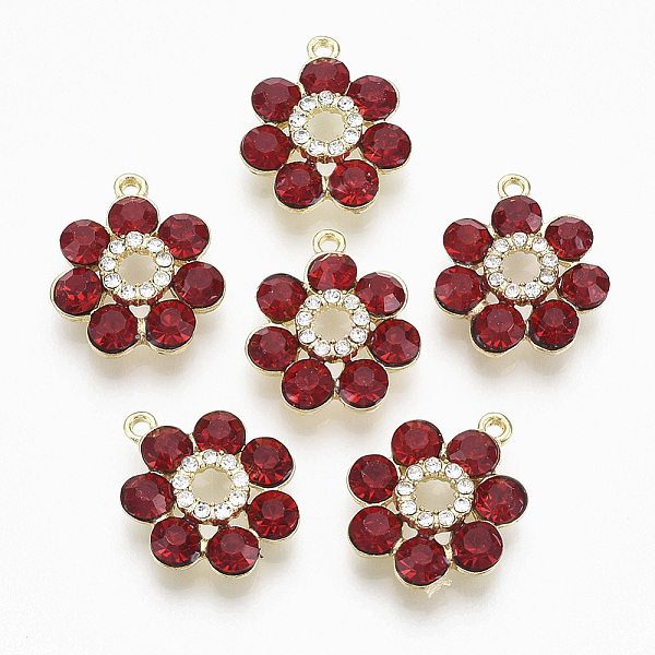 

PandaHall Golden Plated Alloy Pendants, with Glass Rhinestone, Flower, FireBrick, 19x16x5mm, Hole: 1.2~1.5mm Alloy+Rhinestone Flower Red