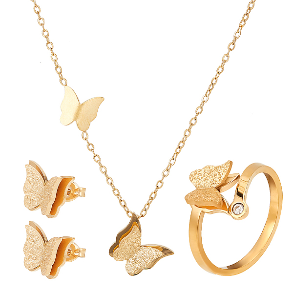 

PandaHall ANATTASOUL Titanium Steel Butterfly Jewelry Set, Stud Earrings & Open Cuff Rings & Pendnat Necklace, Golden, 10x12mm, Inner...
