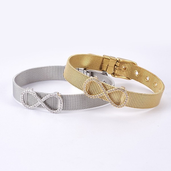 

PandaHall Unisex 304 Stainless Steel Watch Band Wristband Bracelets, with Brass Micro Pave Cubic Zirconia Slider Charms, Infinity, Mixed...