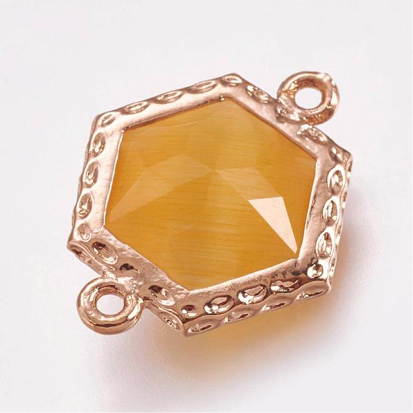 

PandaHall Faceted Cat Eye Links connectors, with Brass Finding, Light Gold, Hexagon, Gold, 18x14.5x5mm, Hole: 1mm Glass Hexagon Gold