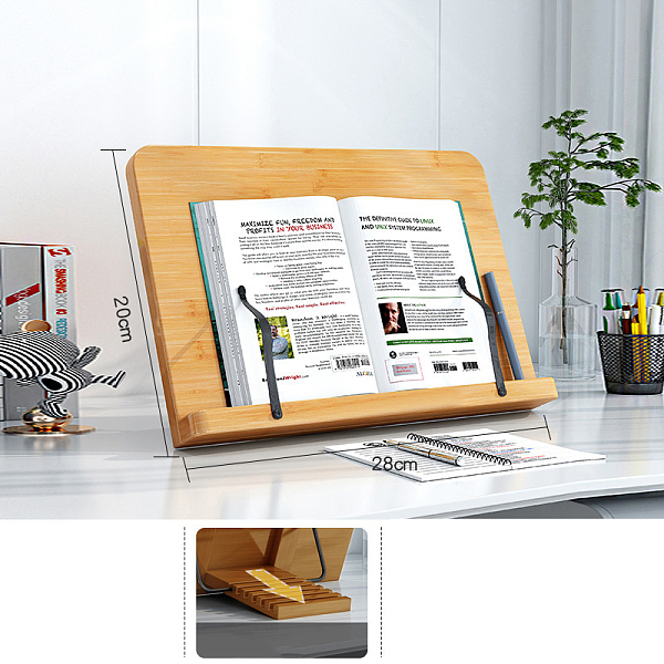 PandaHall Wooden Foldable Desktop Book Stand for Reading, 5 Adjustable Height Book Holder, Rectangle, BurlyWood, 20x28cm Wood Orange