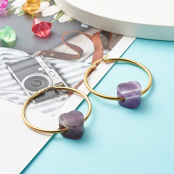 

PandaHall Heart Natural Amethyst Beads Earrings for Girl Women, 304 Stainless Steel Big Hoop Earrings, Golden, 49x39.5mm, Pin: 0.8mm...