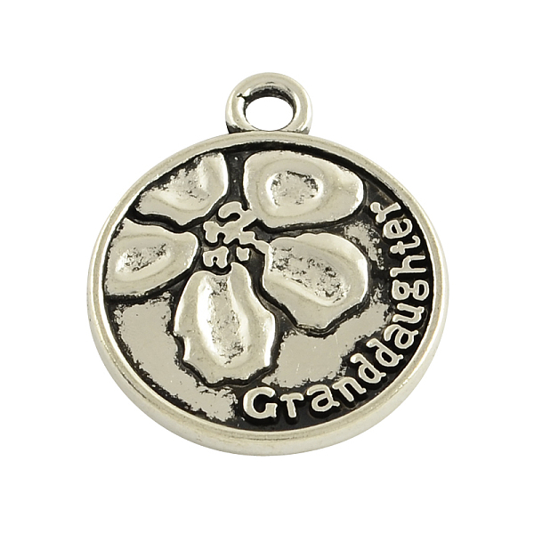 

PandaHall Tibetan Style Alloy Pendants, Flat Round with Flower Pattern and Word Granddaughter, Cadmium Free & Lead Free, Antique Silver...
