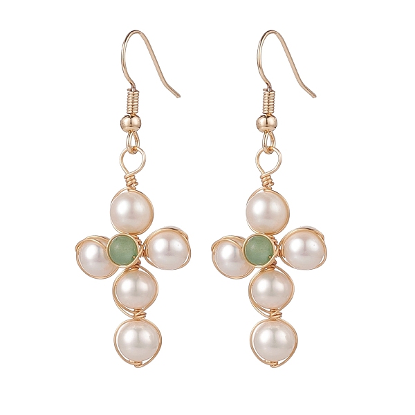 

PandaHall Natural Shell & Green Aventurine Braided Cross Dangle Earrings, Gold Plated Brass Wire Wrap Jewelry for Women, 50mm, Pin: 0.6mm...