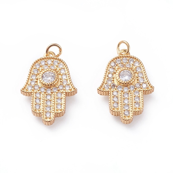 

PandaHall Brass Micro Pave Cubic Zirconia Pendants, with Soldered Jump Rings, Hamsa Hand/Hand of Fatima/Hand of Miriam, Clear, Golden...