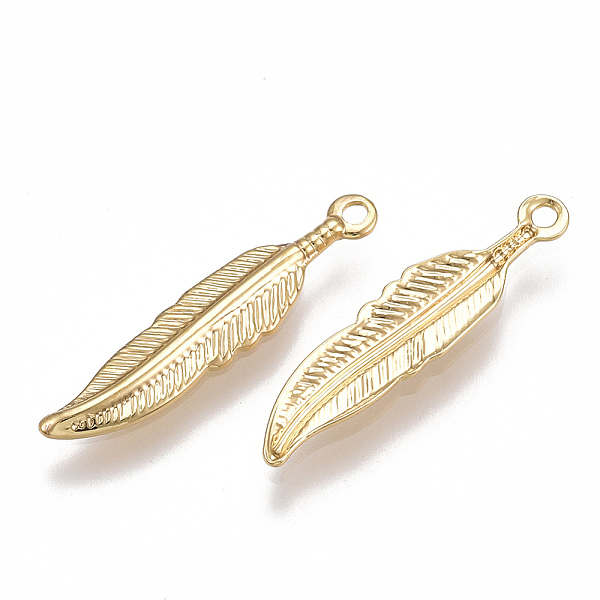

PandaHall Brass Pendants, Feather, Nickel Free, Real 18K Gold Plated, 20.5x4.5x1mm, Hole: 1mm Brass Feather