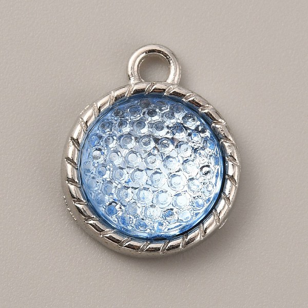 

PandaHall Plastic Pendants, March Birthstone Charms, with Alloy Cabochon Settings, Flat Round, Light Sky Blue, 18.5x15x5mm, Hole: 2.5mm...