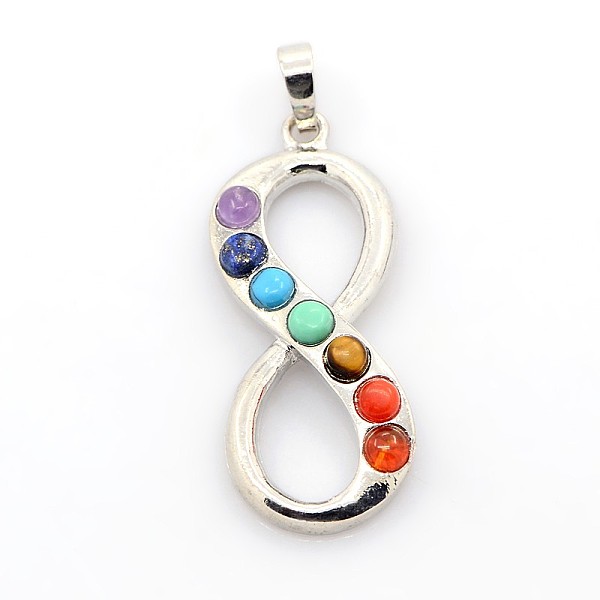 PandaHall Vintage Chakra Jewelry Gemstone Pendants, with Alloy Findings, Eight, Platinum, 44x18x5mm, Hole: 5x8mm Mixed Stone Number