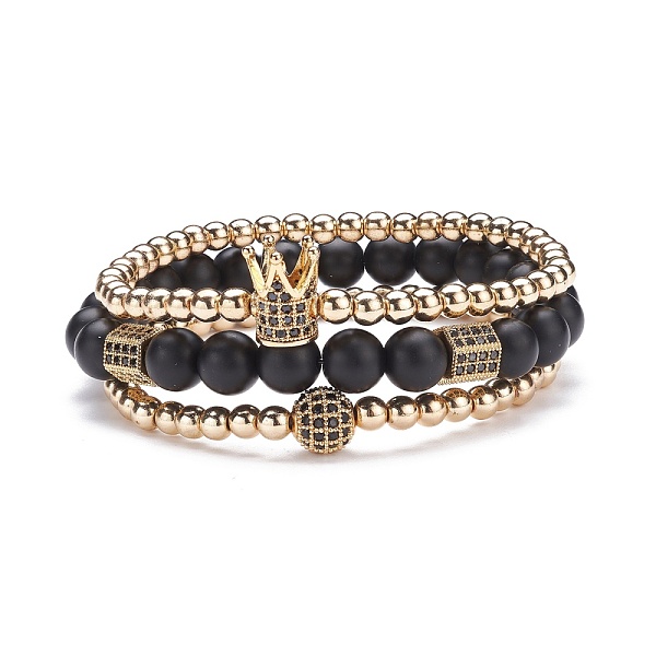 

PandaHall 3Pcs 3 Style Round Synthetic Black Stone & Hematite Beaded Stretch Bracelets Set, Gemstone Bracelets with Ball Crown Hexagon for...