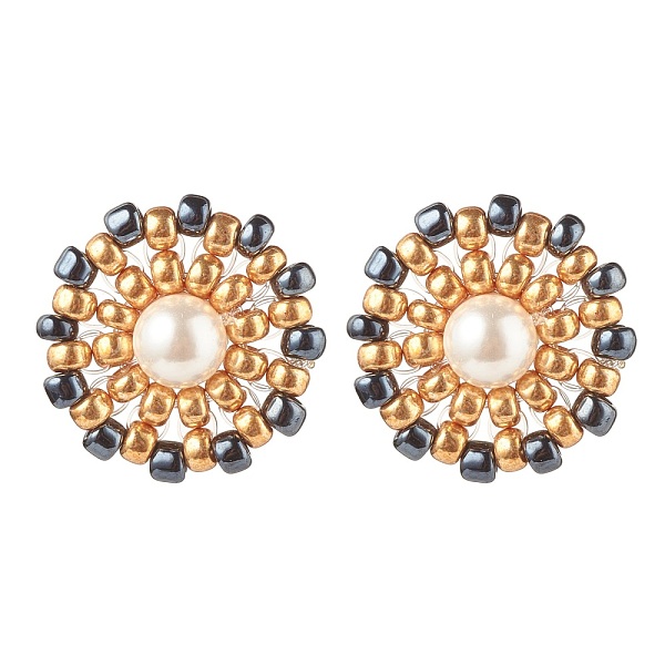

PandaHall Shell Pearl & Glass Seed Braided Flower Stud Earrings, Golden 304 Stainless Steel Wire Wrap Jewelry for Women, Prussian Blue, 19mm...