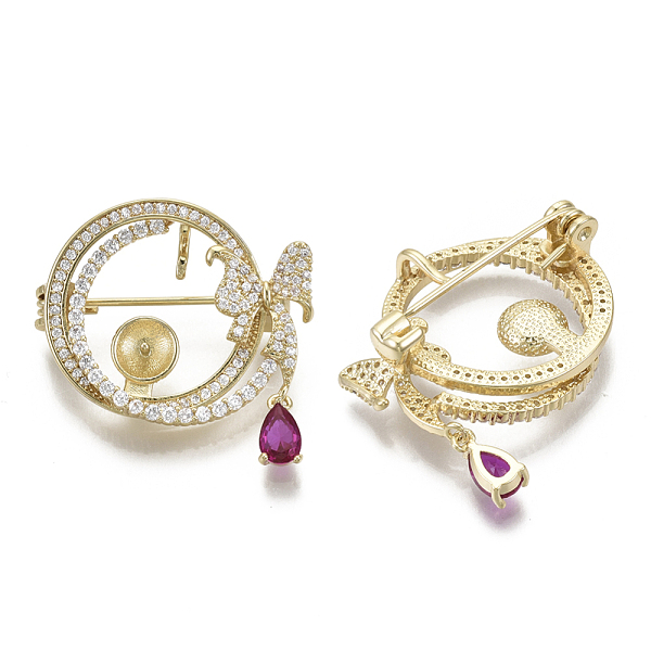 

PandaHall Brass Micro Pave Cubic Zirconia Brooch Findings, with Glass, For Half Drilled Beads, Flat Round, Nickel Free, Real 18K Gold Plated..., Clear