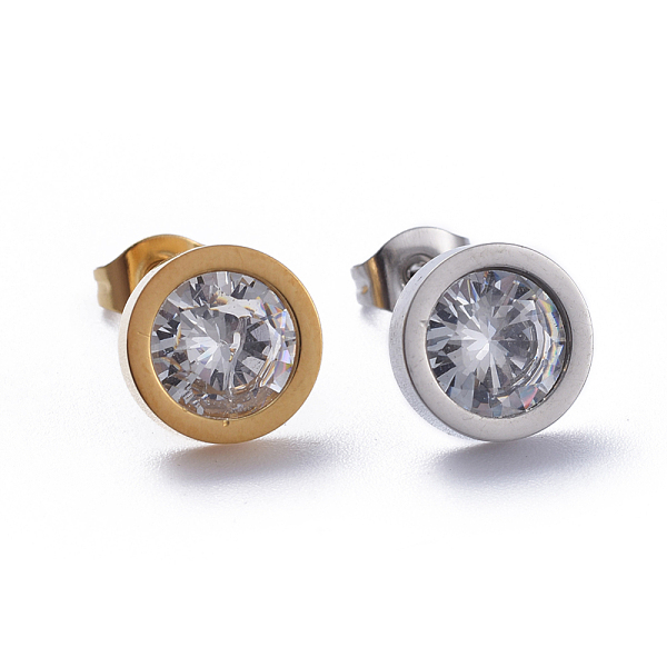 

PandaHall 304 Stainless Steel Stud Earrings, with Cubic Zirconia and Ear Nuts, Clear, 9.5mm, Pin: 0.6mm, 6pairs/card Cubic Zirconia Flat...