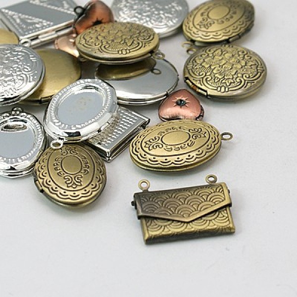 PandaHall Brass Locket Pendants, Photo Frame Charms for Necklaces, Mixed Shapes and Mixed Color, about 11~20mm wide, 10~20mm long, 4~6mm...