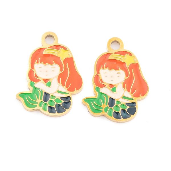 

PandaHall Ion Plating(IP) 304 Stainless Steel Pendants, with Enamel, Real 18K Gold Plated, Mermaid Charm, Coral, 16.5x12.5x1.5mm, Hole..., Red