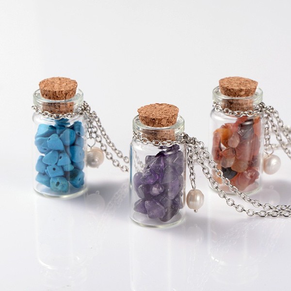 

PandaHall Cute Design Glass Wishing Bottle Pendant Necklaces, with Natural & Synthetic Mixed Stone Beads and Wooden Bungs, Iron Chains and...