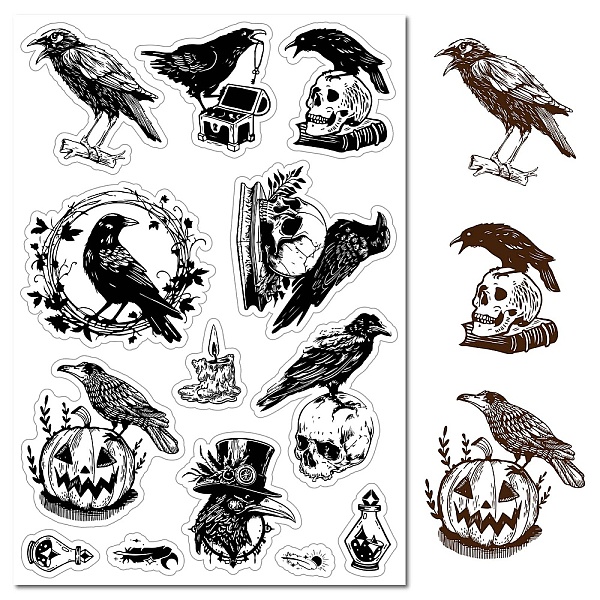 

PandaHall CRASPIRE Crow Skull Pumpkin Clear Rubber Stamp Halloween Raven Vintage Transparent Silicone Seals Stamp for Journaling Card Making...