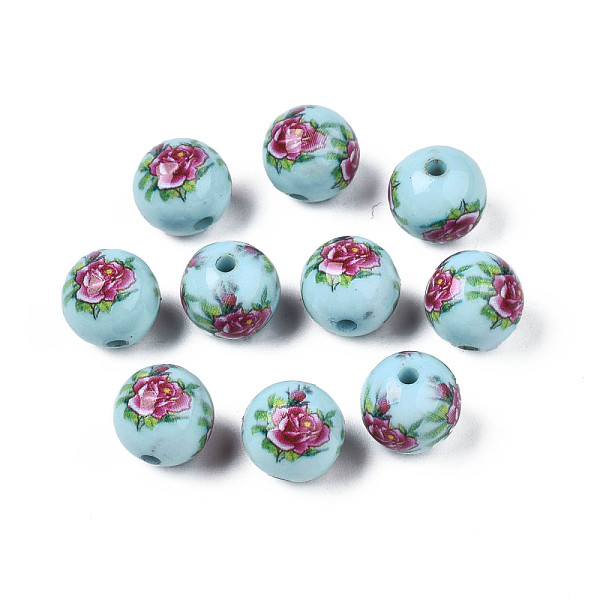 

PandaHall Opaque Printed Acrylic Beads, Round with Flower Pattern, Light Cyan, 9x9.5mm, Hole: 1.8mm Acrylic Round