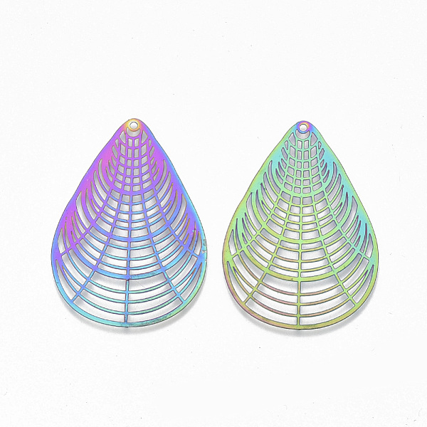 

PandaHall Ion Plating(IP) 201 Stainless Steel Filigree Pendants, Etched Metal Embellishments, Teardrop, Rainbow Color, 44x31x0.3mm, Hole...
