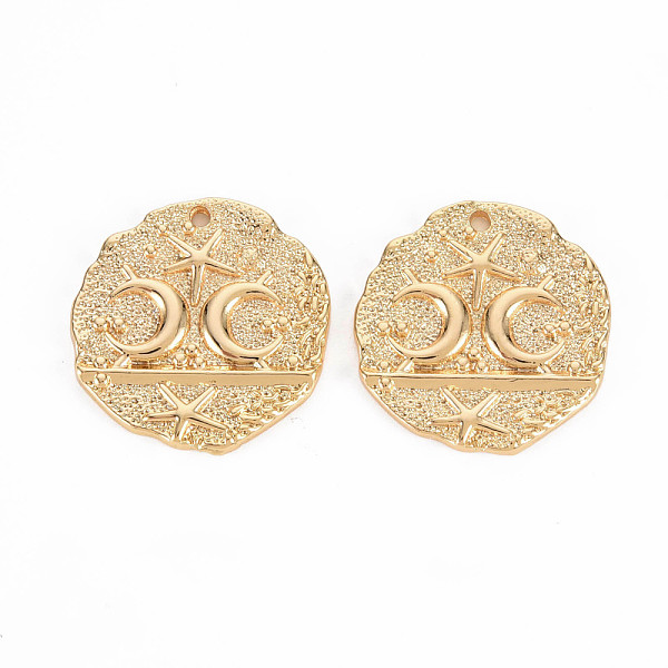 

PandaHall Brass Pendants, Nickel Free, Flat Round with Moon & Star, Real 18K Gold Plated, 20x19x2mm, Hole: 1.2mm Brass Flat Round