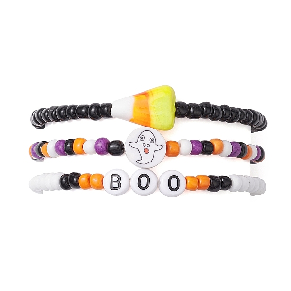 

PandaHall 3Pcs 3 Styles Halloween Handmade Lampwork & Glass Seed Beaded Stretch Bracelet Sets, Candy Corn & Ghost Stackable Bracelets for..., Multicolor
