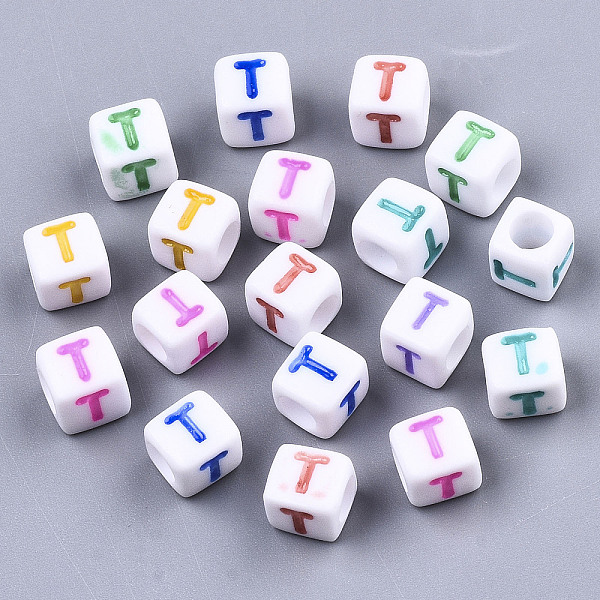

PandaHall Opaque White Acrylic Beads, with Enamel, Horizontal Hole, Cube with Mixed Color Letter, Letter.T, 6x6x6mm, Hole: 3mm, about..., Multicolor