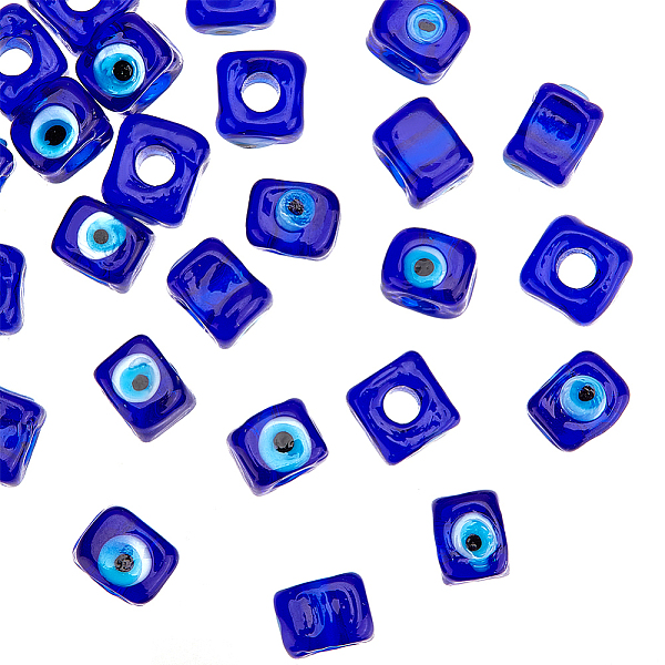 

PandaHall 25 Pcs Glass Evil Eye Beads, Cube Lampwork Evil Eye Beads Large Hole 4.3mm Handmade Lampwork Beads Turkish Evil Eye Spacer Beads..., Blue