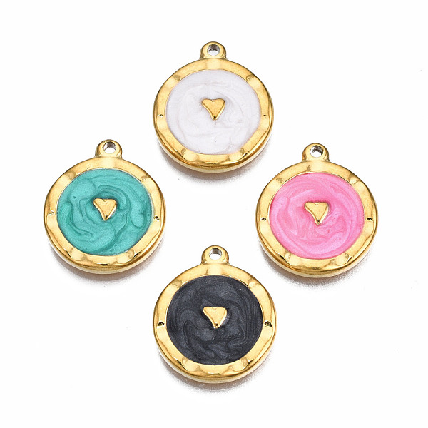 

PandaHall 304 Stainless Steel Pendants, with Enamel, Flat Round with Heart, Golden, Mixed Color, 18x15x2.5mm, Hole: 1.4mm Stainless..., Multicolor