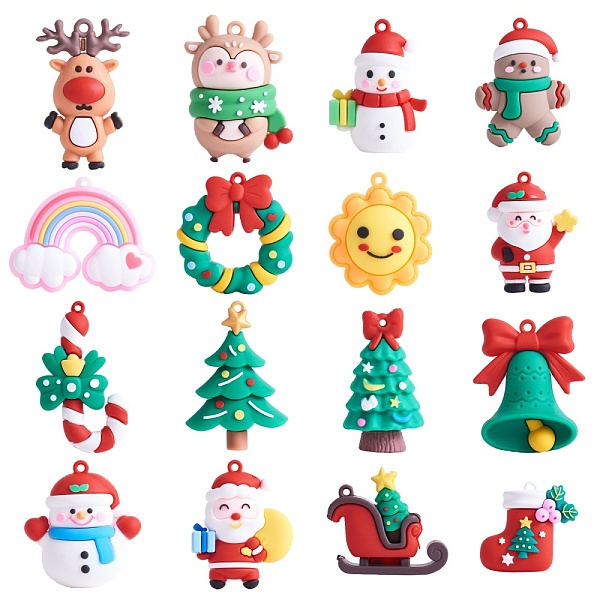 

PandaHall 16Pcs 16 Style Christmas PVC Plastic Big Pendants, Elk & Snowman with Gift & Candy Cane, Mixed Color, 40~64.5x33~52.5x11.5~24mm..., Multicolor