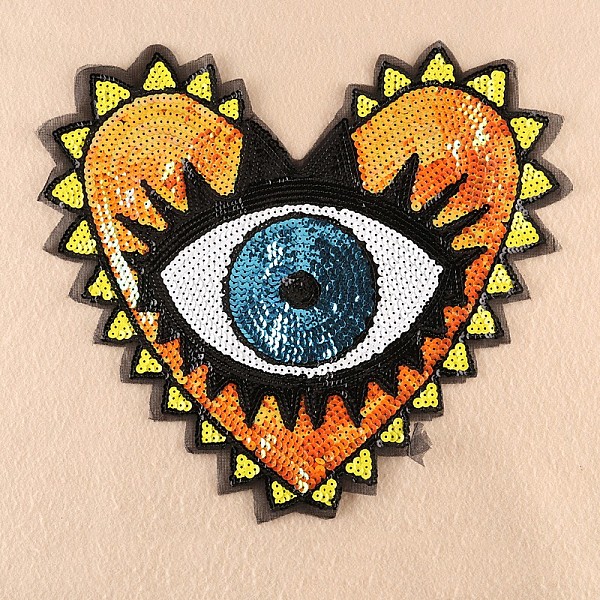 

PandaHall Computerized Embroidery Cloth Sew On Patches, Costume Accessories, Paillette Appliques, Heart with Eye, Orange, 31x35cm Cloth...