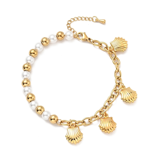 

PandaHall 201 Stainless Steel Shell Shape Charm Bracelet, Plastic Pearl Beaded Bracelet with Vacuum Plating 304 Stainless Steel Cable Chains..., White