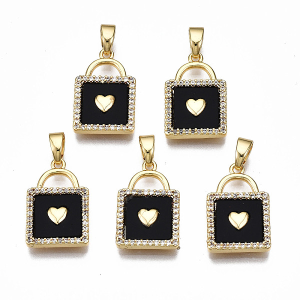 

PandaHall Brass Micro Pave Clear Cubic Zirconia Pendants, with Enamel, Nickel Free, Lock with Heart, Real 18K Gold Plated, Black...
