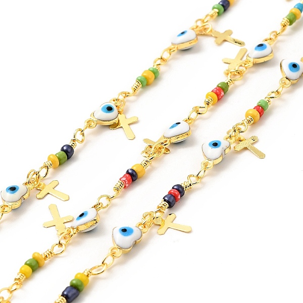

PandaHall Enamel Heart with Evil Eye Link Chains, with Glass Seed Beaded and Real 18K Gold Plated Brass Cross Charms, Soldered, with Spools...